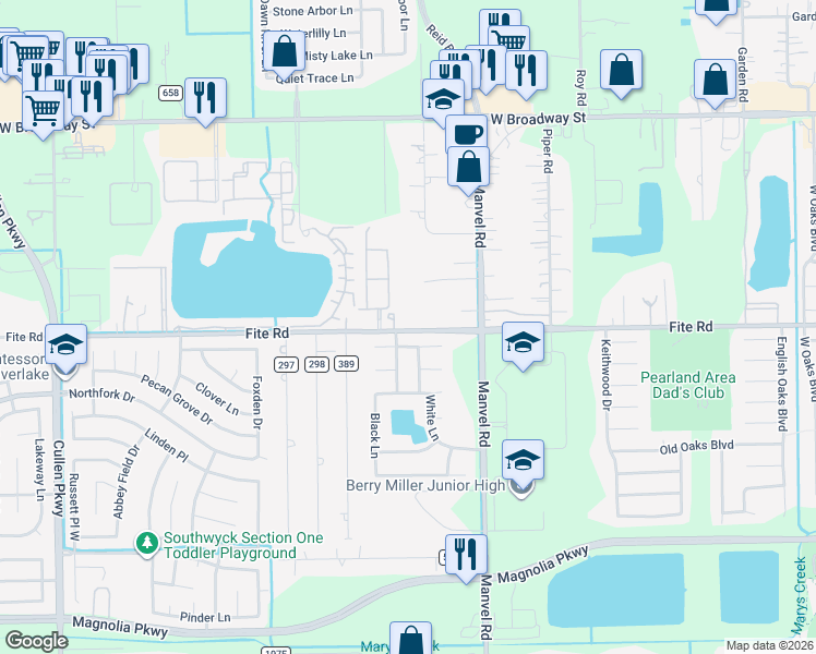 map of restaurants, bars, coffee shops, grocery stores, and more near 7317 Newport Lane in Pearland