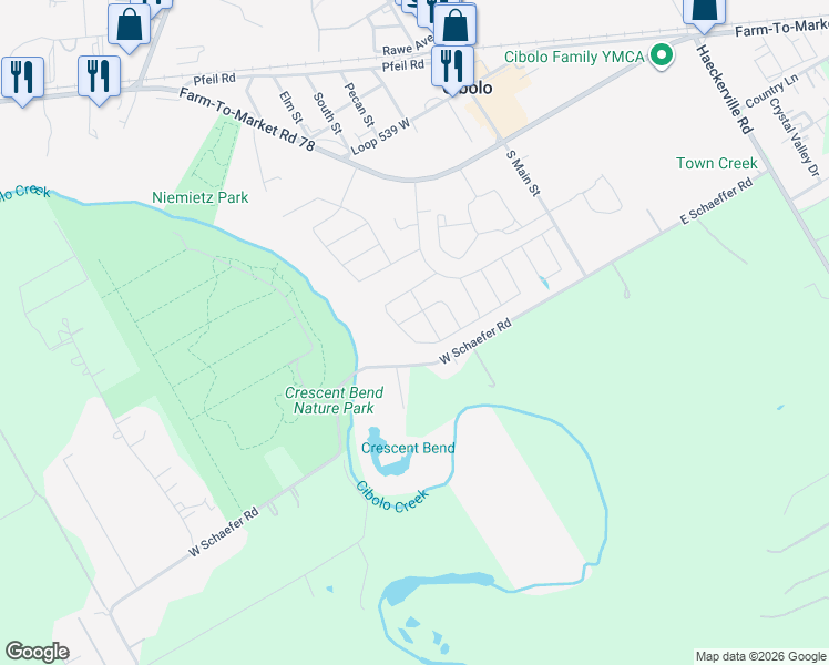 map of restaurants, bars, coffee shops, grocery stores, and more near 226-298 W Schaefer Rd in Cibolo