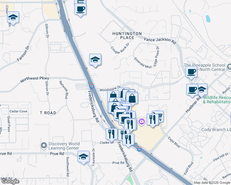 map of restaurants, bars, coffee shops, grocery stores, and more near 4800 Woodstone Drive in San Antonio
