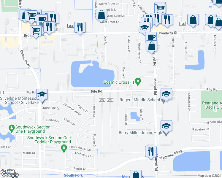 map of restaurants, bars, coffee shops, grocery stores, and more near 2511 Oak Road in Pearland