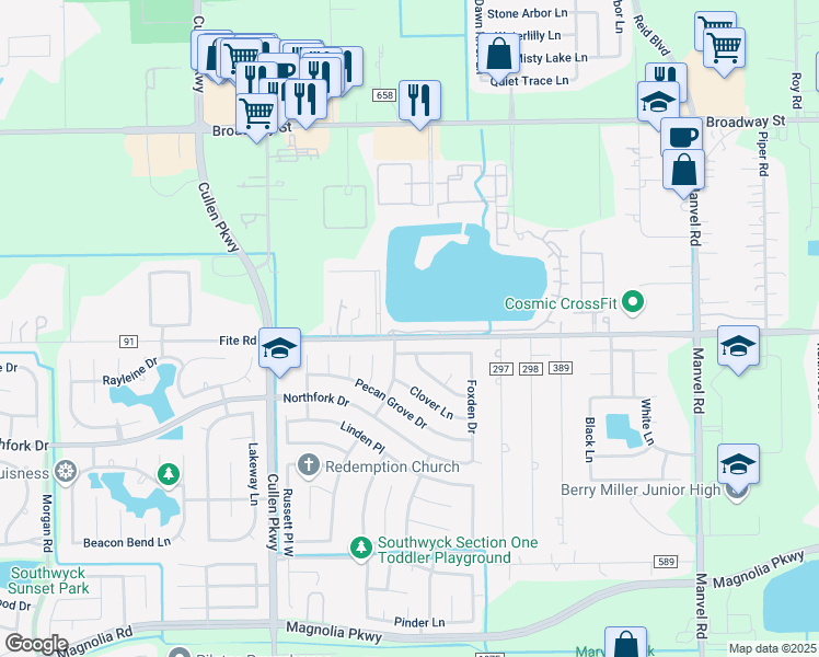 map of restaurants, bars, coffee shops, grocery stores, and more near 4827 Meadowglen Drive in Pearland