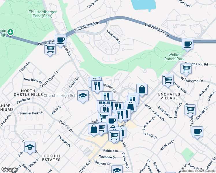 map of restaurants, bars, coffee shops, grocery stores, and more near 20 Sir Winston Street in San Antonio