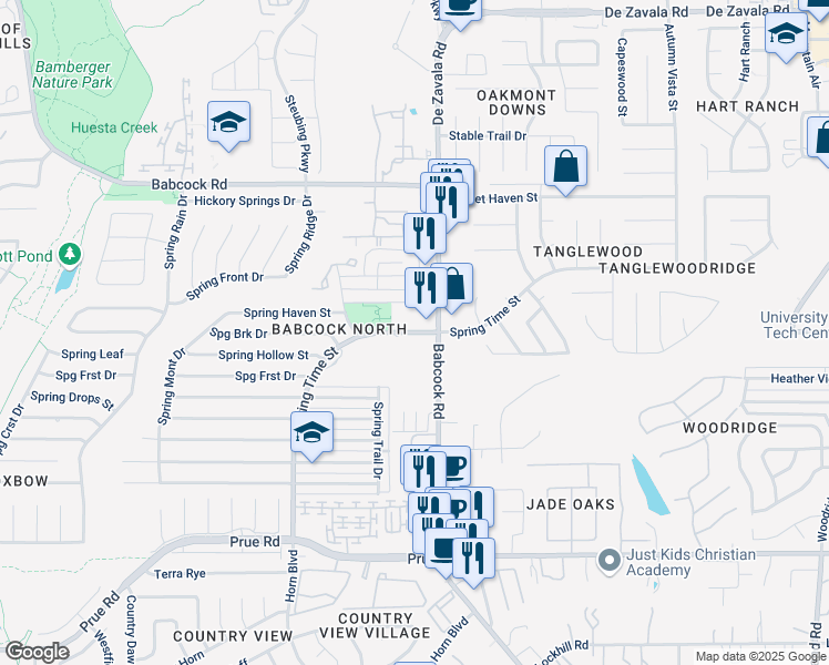 map of restaurants, bars, coffee shops, grocery stores, and more near 6526 Spring Time Street in San Antonio