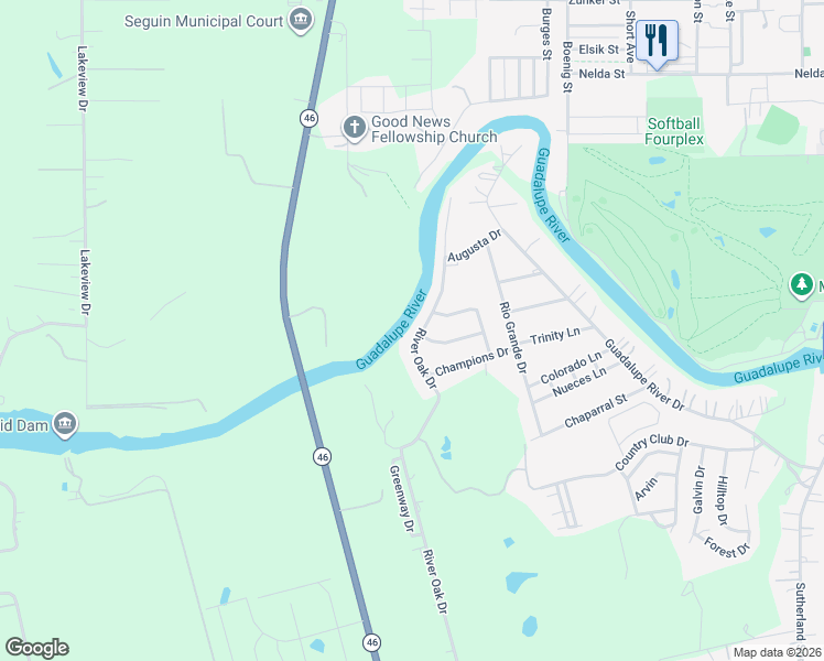map of restaurants, bars, coffee shops, grocery stores, and more near 70 River Oak Drive in Seguin