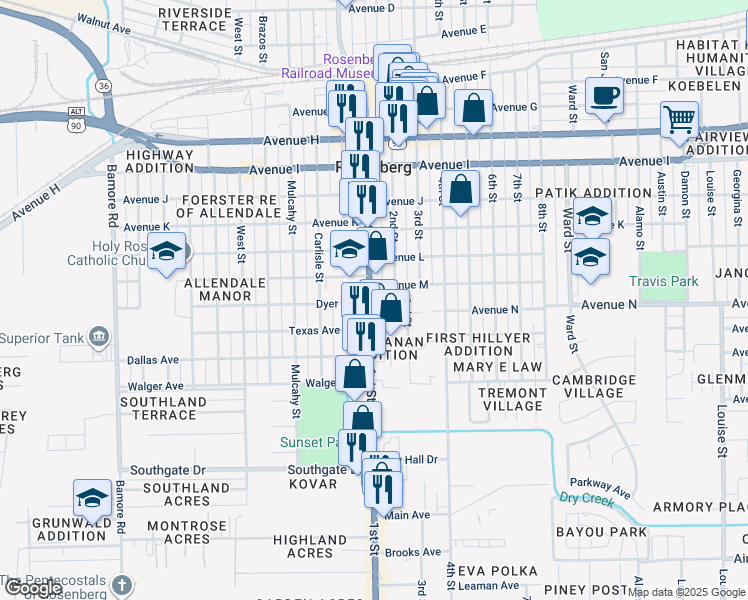 map of restaurants, bars, coffee shops, grocery stores, and more near 1623 1st Street in Rosenberg