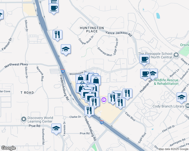 map of restaurants, bars, coffee shops, grocery stores, and more near 4900 Woodstone Drive in San Antonio