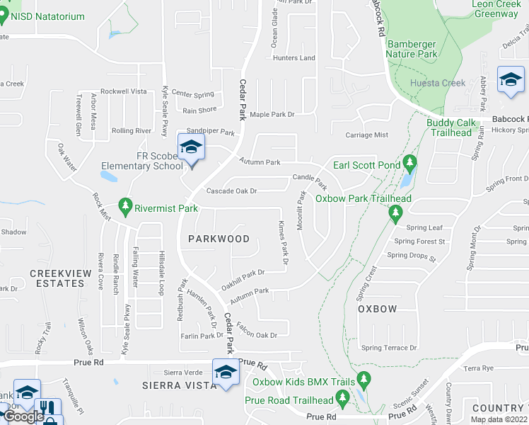 map of restaurants, bars, coffee shops, grocery stores, and more near 7658 Cascade Oak Drive in San Antonio