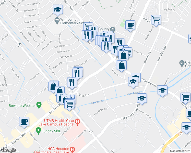 map of restaurants, bars, coffee shops, grocery stores, and more near 16829 Feather Craft Lane in Houston