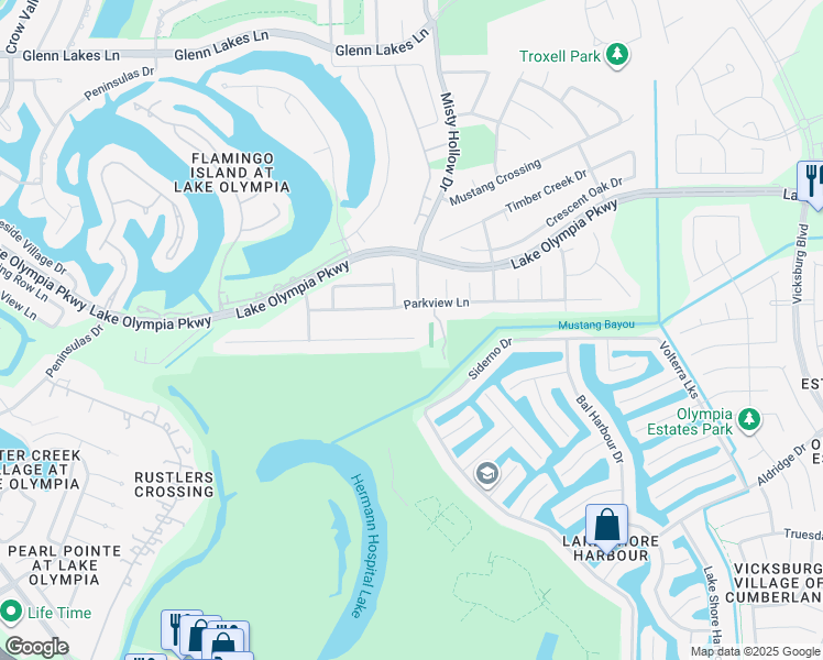 map of restaurants, bars, coffee shops, grocery stores, and more near 1923 Parkview Lane in Missouri City