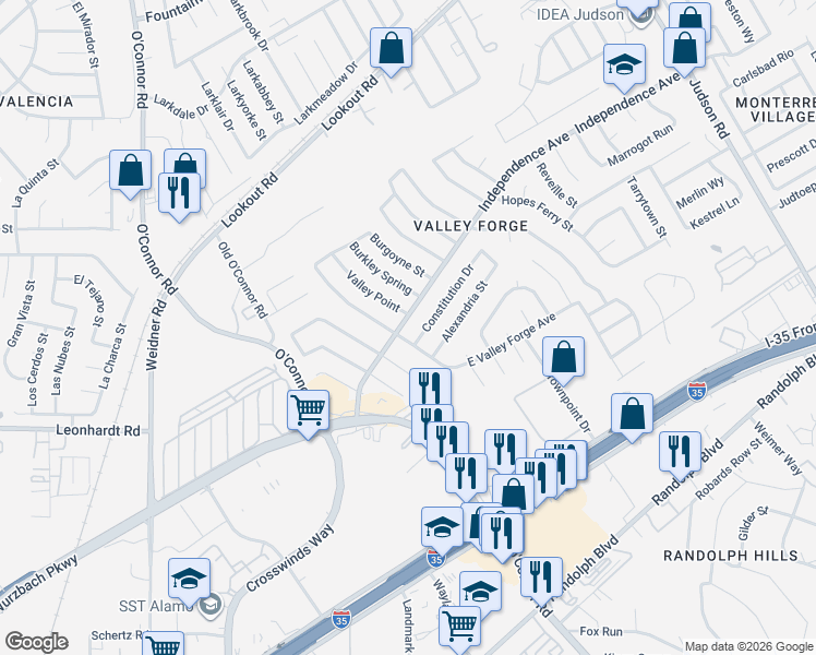 map of restaurants, bars, coffee shops, grocery stores, and more near 12326 Independence Avenue in San Antonio