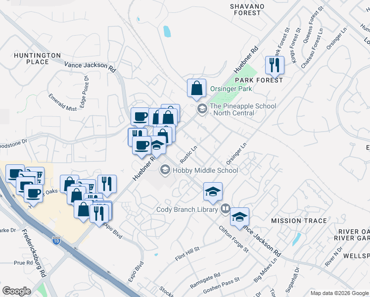 map of restaurants, bars, coffee shops, grocery stores, and more near 12000 Huebner Road in San Antonio