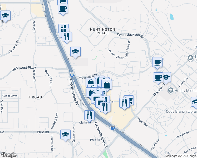 map of restaurants, bars, coffee shops, grocery stores, and more near 4863 Woodstone Drive in San Antonio