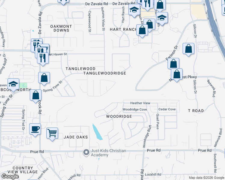 map of restaurants, bars, coffee shops, grocery stores, and more near 6006 Bloomwood Street in San Antonio