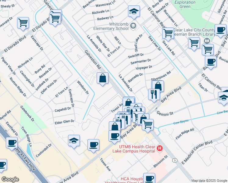 map of restaurants, bars, coffee shops, grocery stores, and more near 16460 Galveston Road in Webster