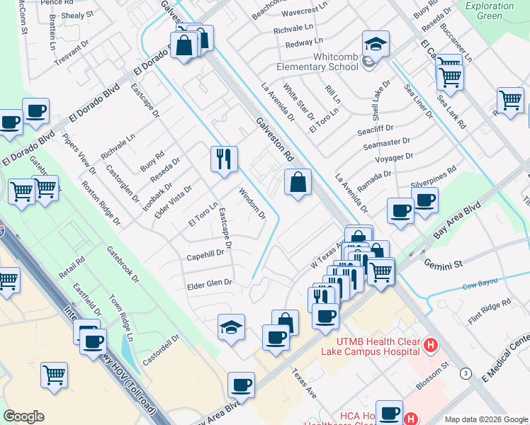 map of restaurants, bars, coffee shops, grocery stores, and more near 16047 Windom Drive in Webster