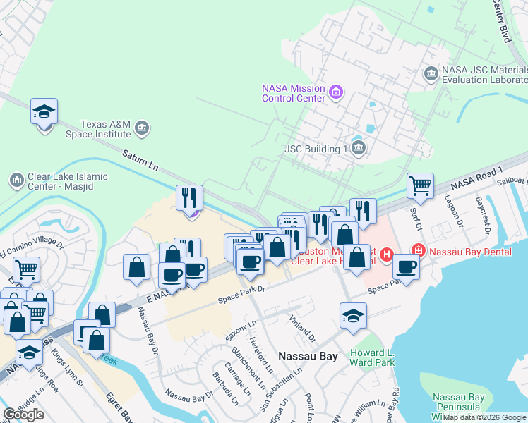 map of restaurants, bars, coffee shops, grocery stores, and more near 2101 East Nasa Parkway in Houston