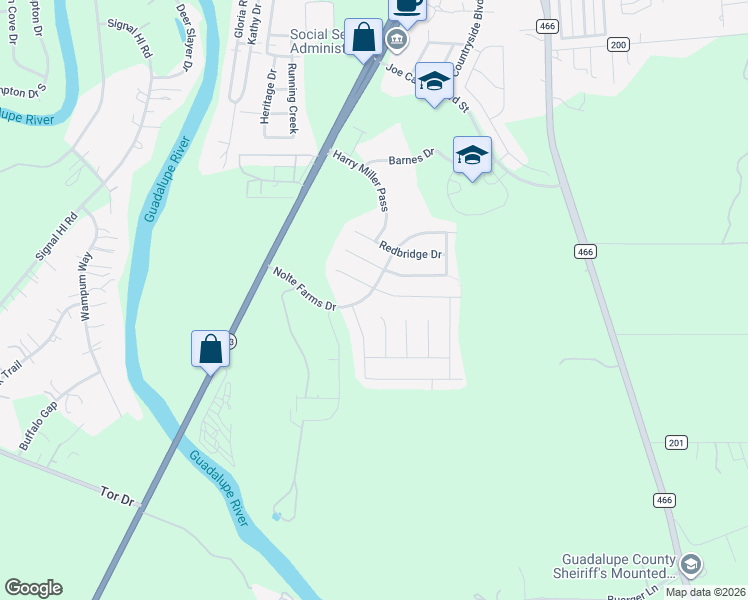 map of restaurants, bars, coffee shops, grocery stores, and more near 1505 Doncaster Drive in Seguin