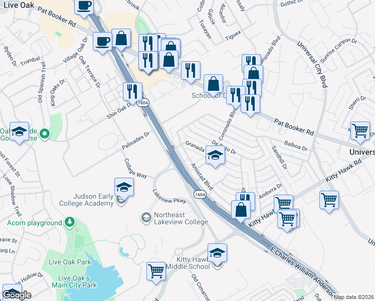 map of restaurants, bars, coffee shops, grocery stores, and more near 603 Amistad Boulevard in Universal City