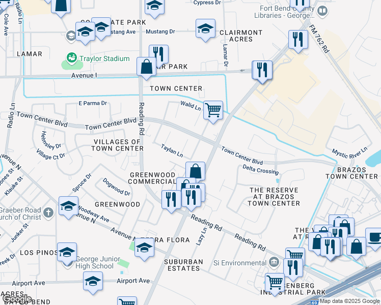 map of restaurants, bars, coffee shops, grocery stores, and more near 1406 Hemple Drive in Rosenberg