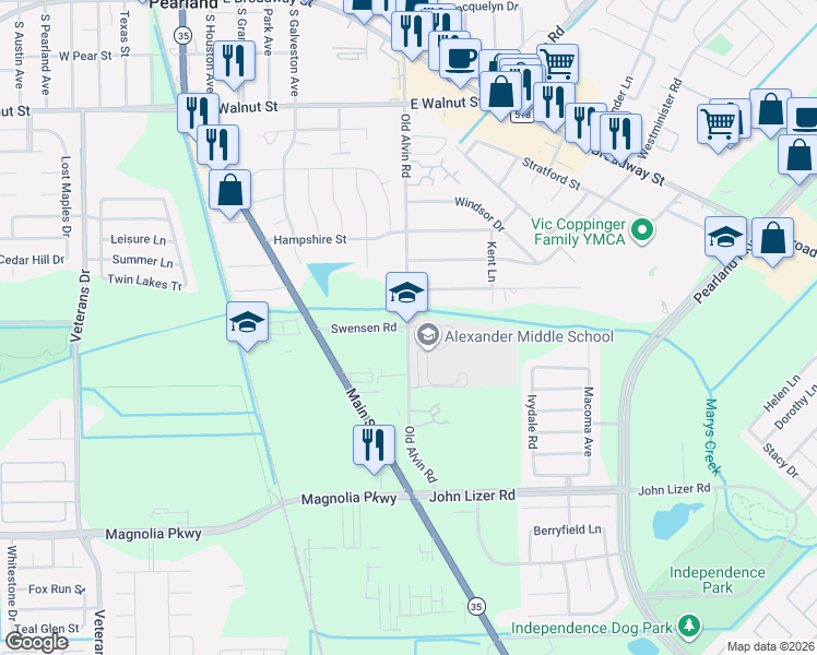map of restaurants, bars, coffee shops, grocery stores, and more near 3412 Nottingham Street in Pearland