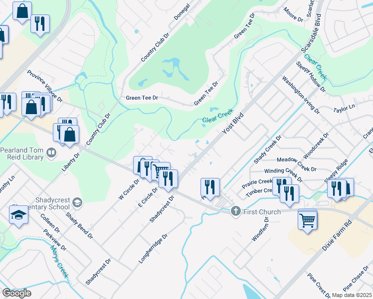 map of restaurants, bars, coffee shops, grocery stores, and more near 3103 Patricia Lane in Pearland