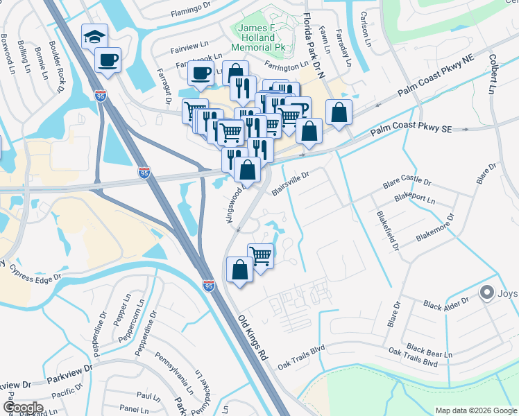 map of restaurants, bars, coffee shops, grocery stores, and more near 6 Surrey Court in Palm Coast