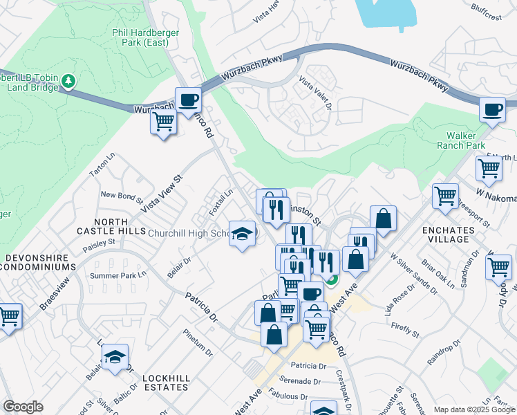 map of restaurants, bars, coffee shops, grocery stores, and more near 12222 Blanco Road in San Antonio