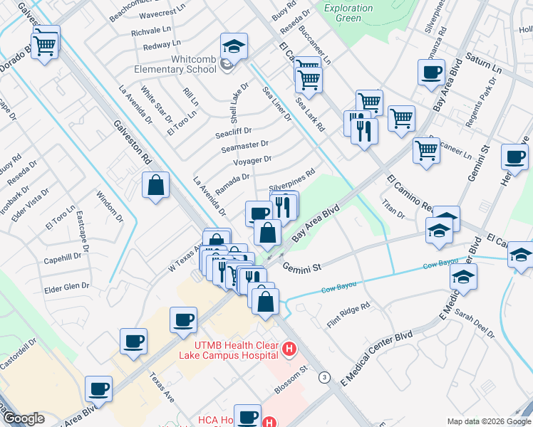map of restaurants, bars, coffee shops, grocery stores, and more near 16614 Thunderbay Drive in Houston