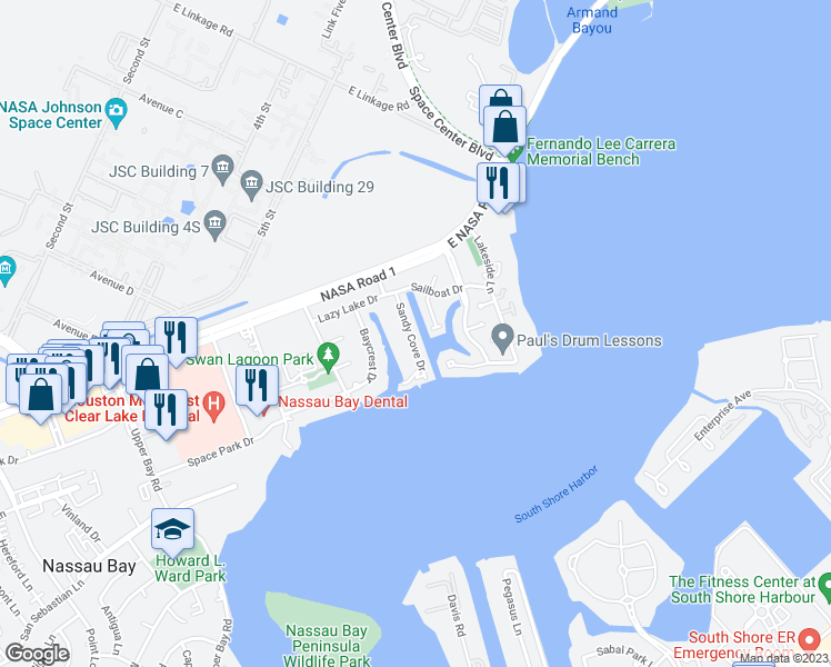 map of restaurants, bars, coffee shops, grocery stores, and more near 18313 Sandy Cove in Houston