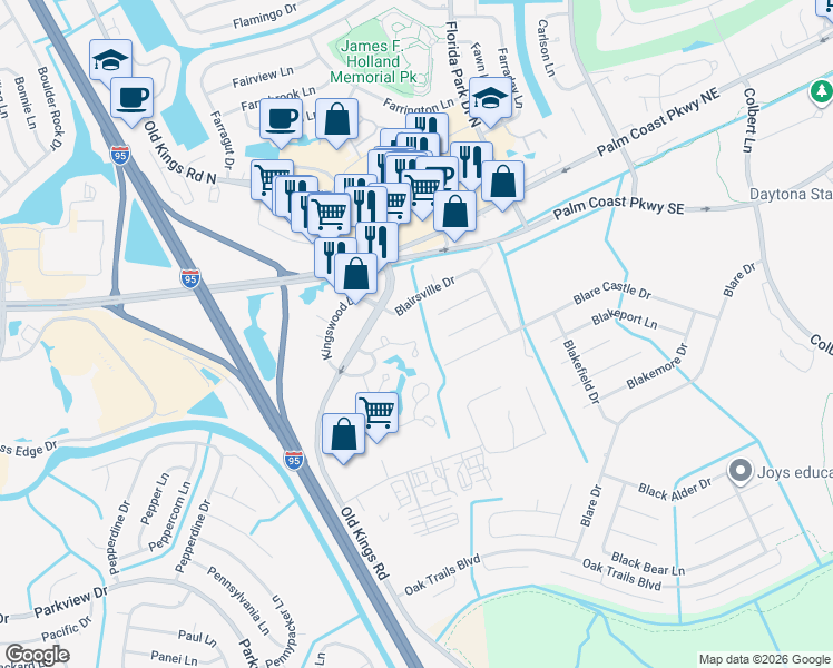 map of restaurants, bars, coffee shops, grocery stores, and more near 28 Blairmore Place in Palm Coast