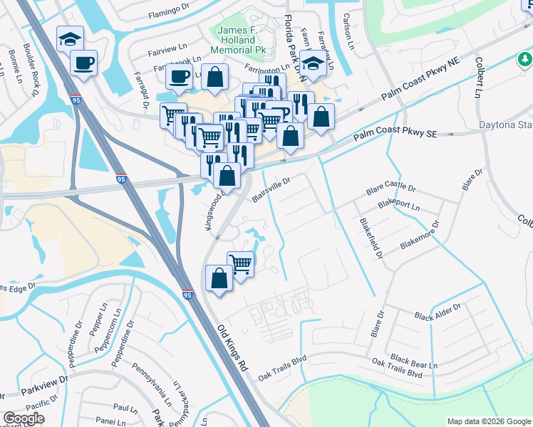 map of restaurants, bars, coffee shops, grocery stores, and more near 28 Blairmore Place in Palm Coast