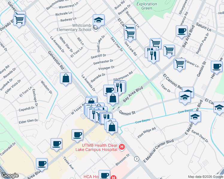 map of restaurants, bars, coffee shops, grocery stores, and more near 16614 Thunderbay Drive in Houston