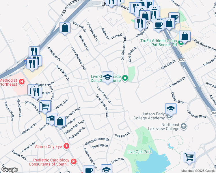 map of restaurants, bars, coffee shops, grocery stores, and more near 110 Lost Forest Street in San Antonio