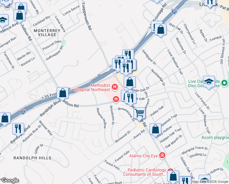 map of restaurants, bars, coffee shops, grocery stores, and more near 12412 Judson Road in San Antonio