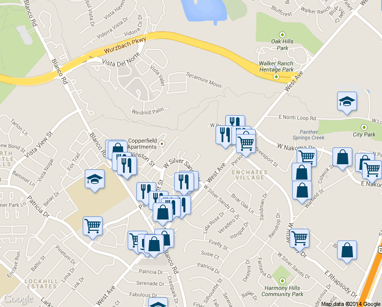 map of restaurants, bars, coffee shops, grocery stores, and more near 11955 Parliament Street in San Antonio
