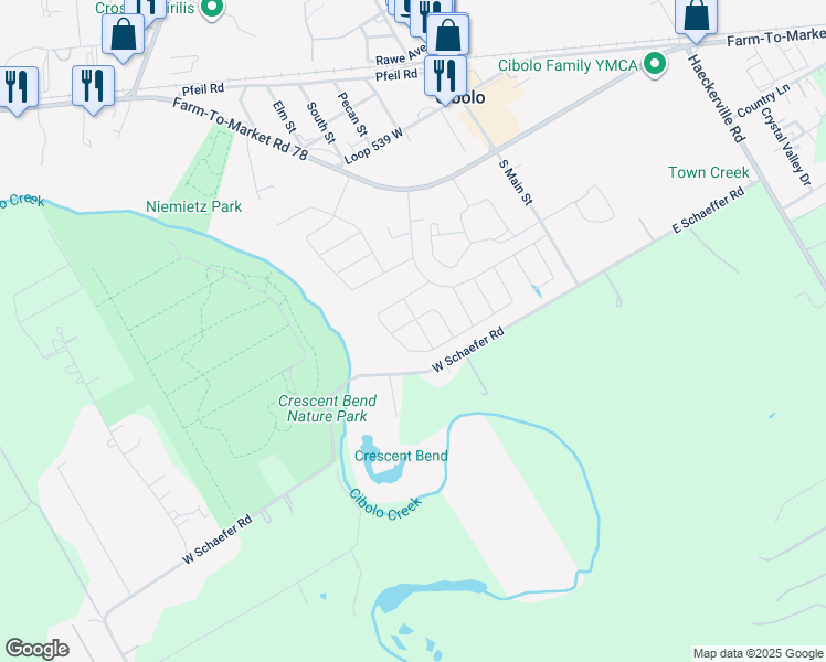 map of restaurants, bars, coffee shops, grocery stores, and more near 402 Washita River in Cibolo