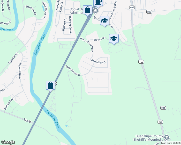 map of restaurants, bars, coffee shops, grocery stores, and more near 1505 Doncaster Drive in Seguin