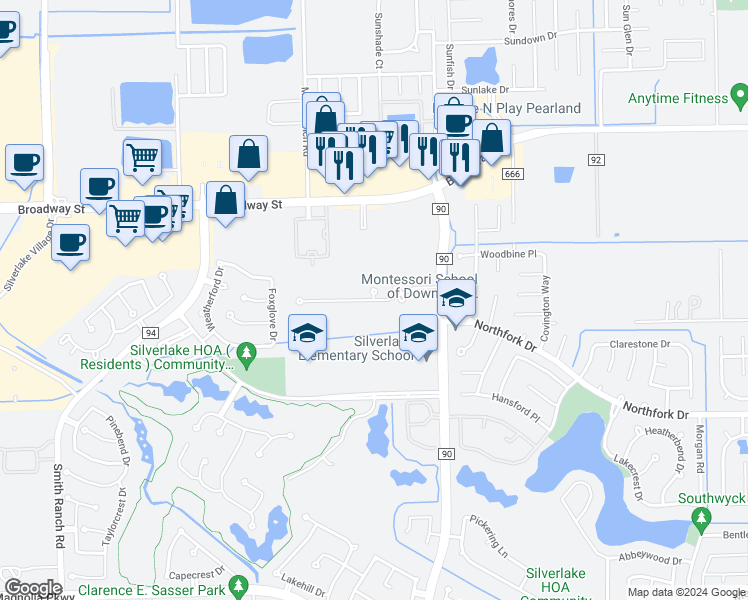 map of restaurants, bars, coffee shops, grocery stores, and more near Summerwind Court in Pearland