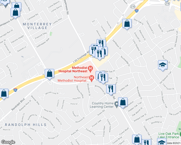map of restaurants, bars, coffee shops, grocery stores, and more near 12412 Judson Road in San Antonio
