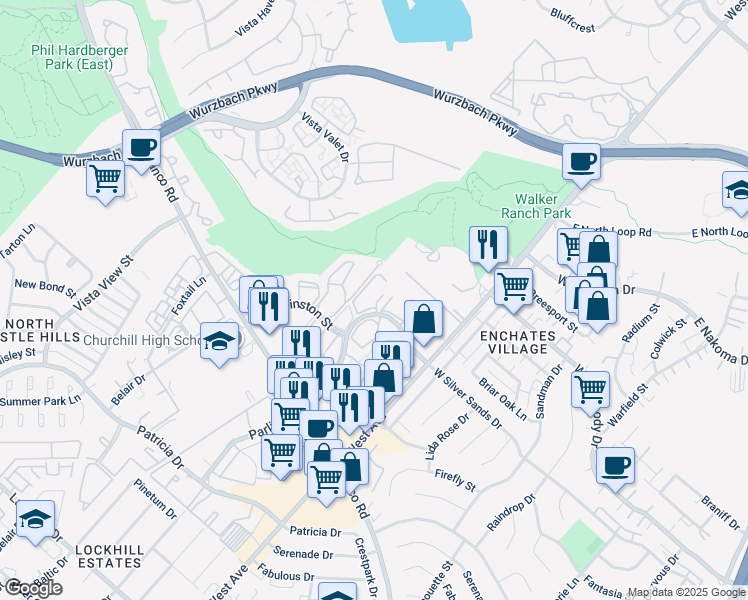 map of restaurants, bars, coffee shops, grocery stores, and more near 11955 Parliament Street in San Antonio