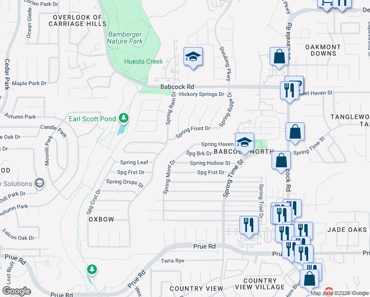 map of restaurants, bars, coffee shops, grocery stores, and more near 11715 Spring Mont Drive in San Antonio