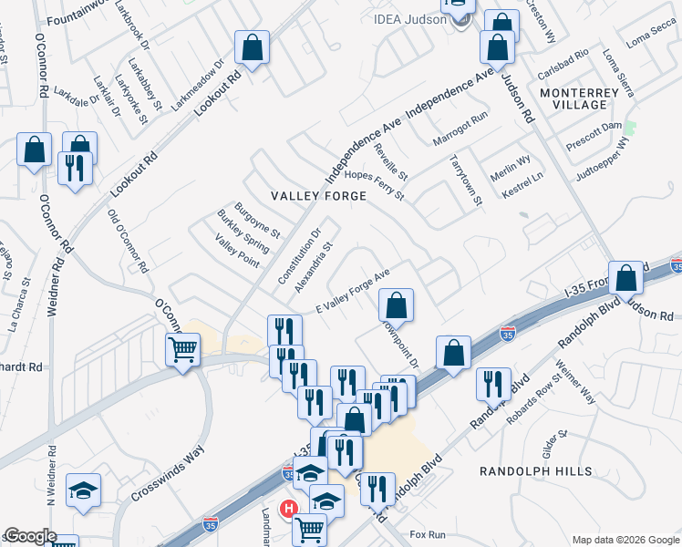 map of restaurants, bars, coffee shops, grocery stores, and more near 6034 Patrick Henry Street in San Antonio