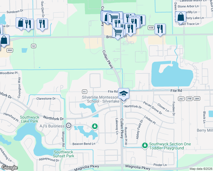 map of restaurants, bars, coffee shops, grocery stores, and more near 3017 Rocky Point Drive in Pearland