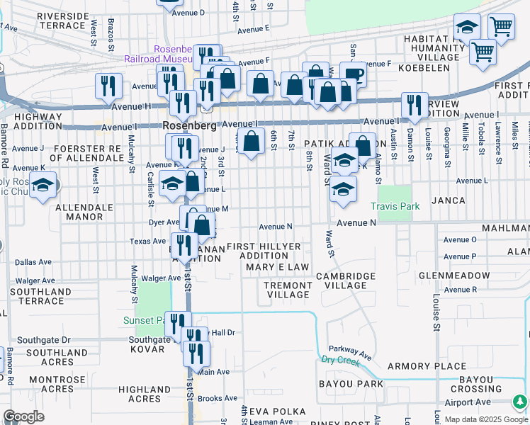 map of restaurants, bars, coffee shops, grocery stores, and more near 1417 6th Street in Rosenberg