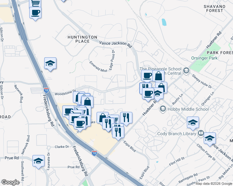 map of restaurants, bars, coffee shops, grocery stores, and more near 12007 Maple Rock Court in San Antonio