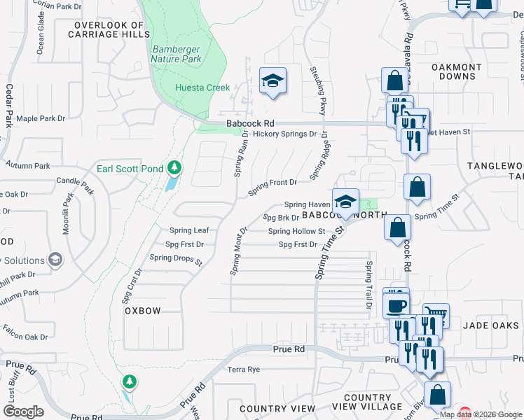 map of restaurants, bars, coffee shops, grocery stores, and more near 11715 Spring Mont Drive in San Antonio