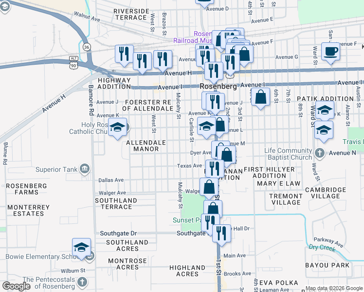 map of restaurants, bars, coffee shops, grocery stores, and more near 1500 Carlisle Street in Rosenberg