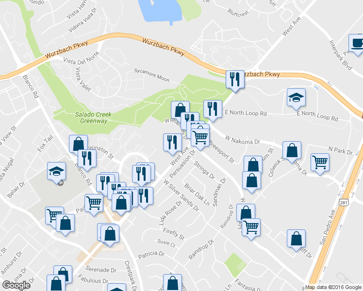 map of restaurants, bars, coffee shops, grocery stores, and more near 12333 West Avenue in San Antonio