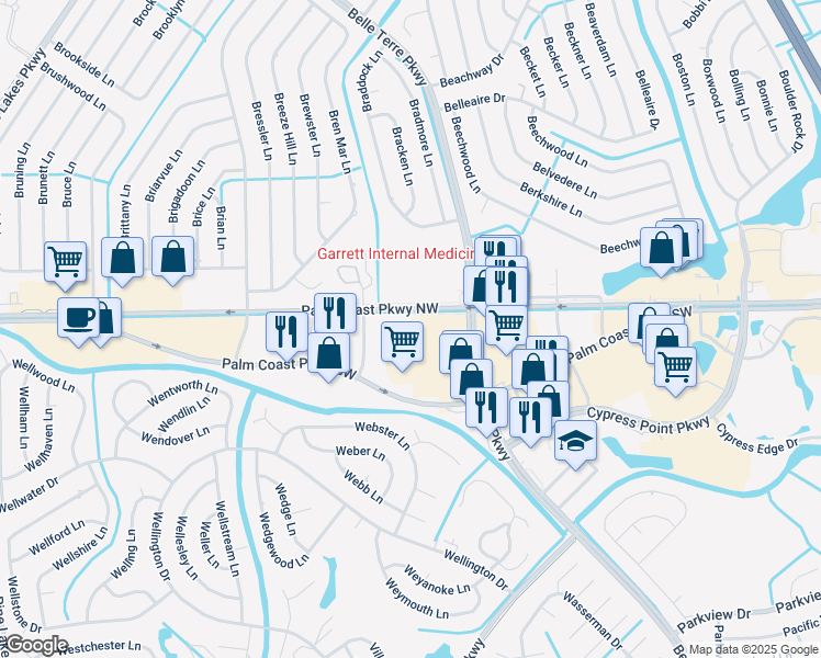 map of restaurants, bars, coffee shops, grocery stores, and more near 1 Corporate Drive in Palm Coast