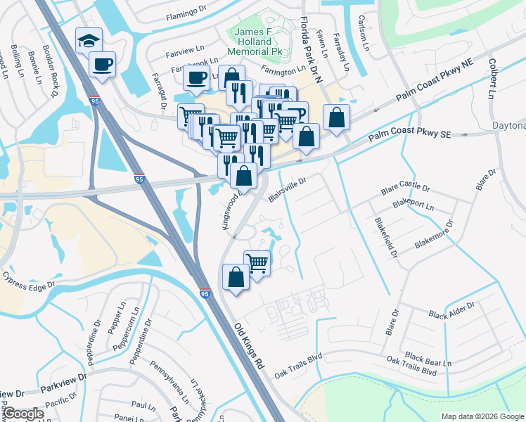 map of restaurants, bars, coffee shops, grocery stores, and more near 6 Surrey Court in Palm Coast